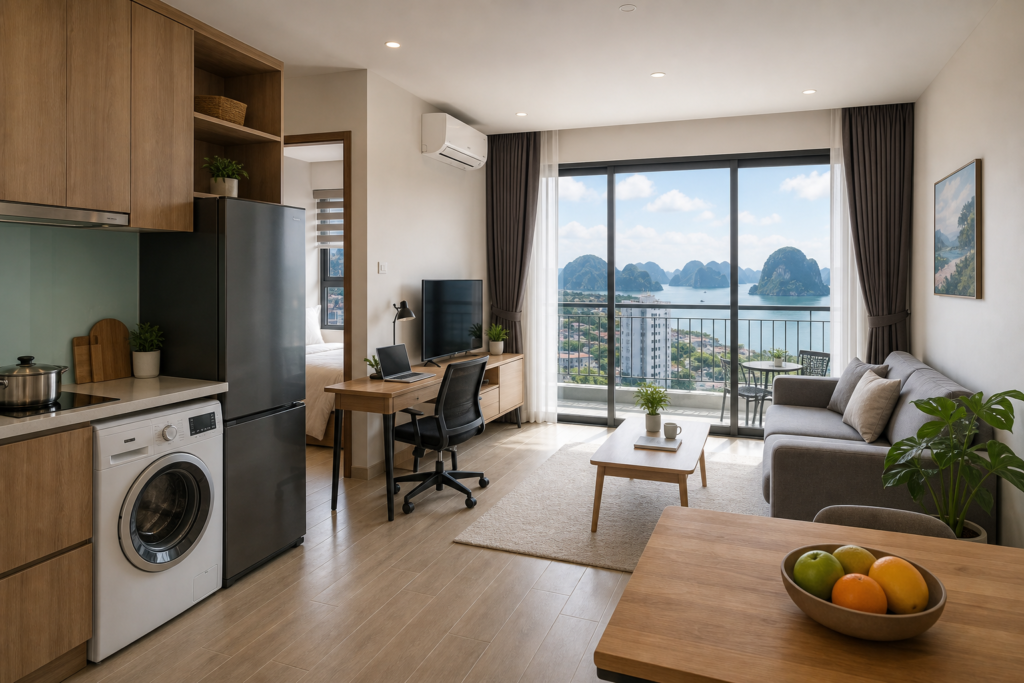 Modern apartment interior with a bay view