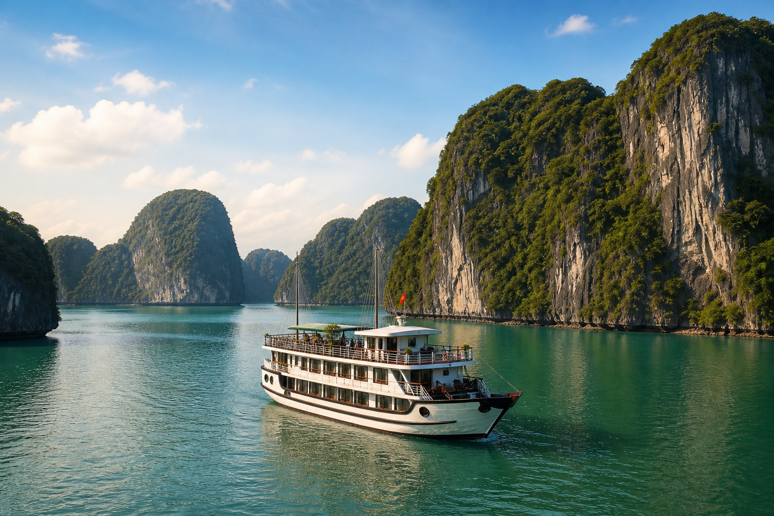 Cruise boat among limestone islands in Ha Long Bay