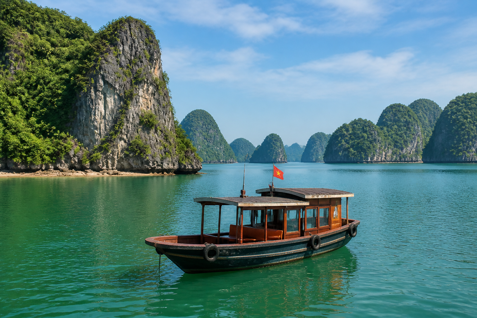 Private wooden boat in Ha Long Bay