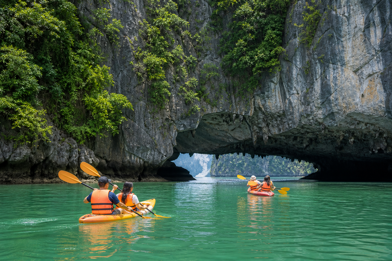 Kayaking through a cave in Ha Long Bay