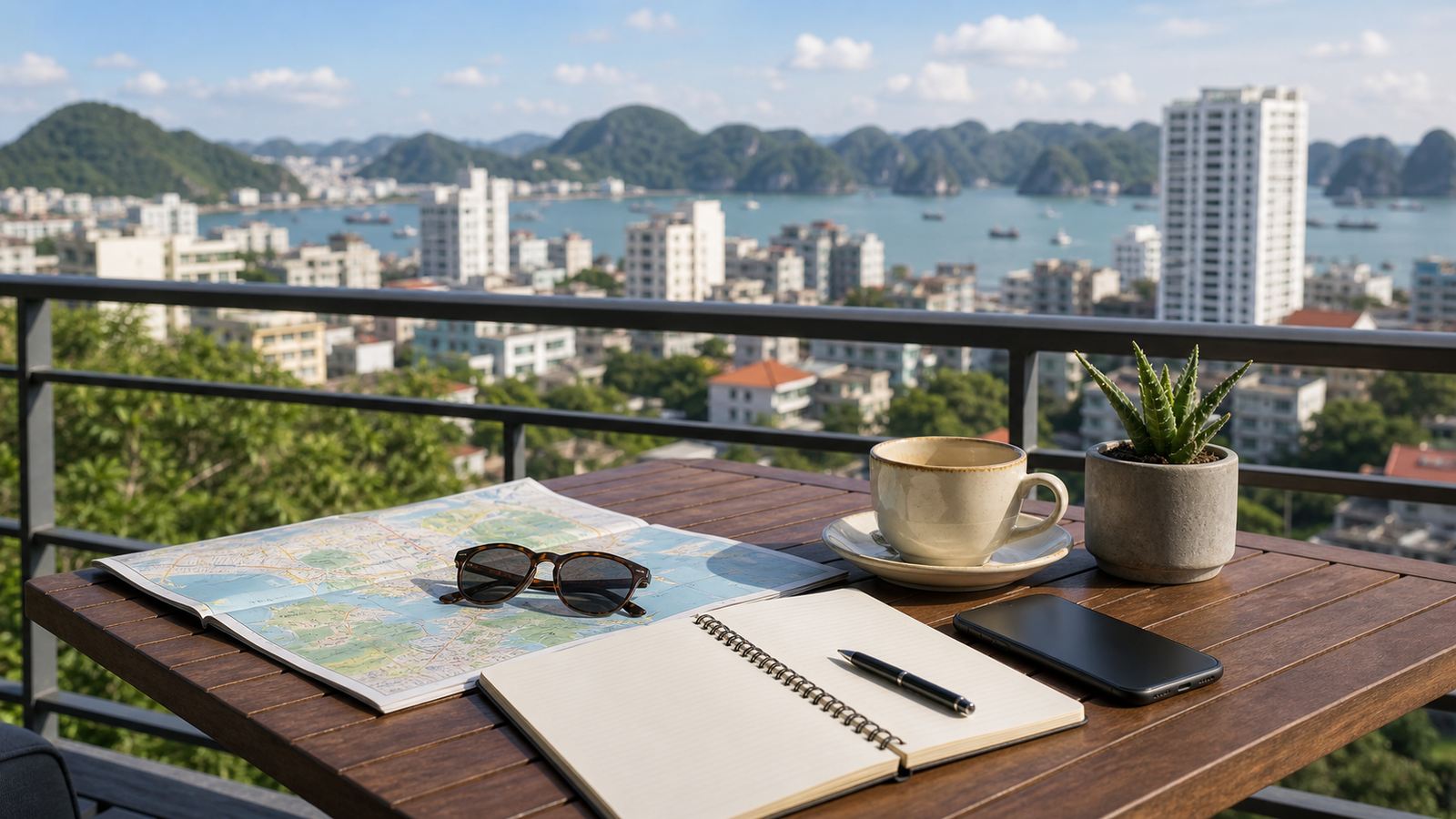 Balcony overlooking Ha Long city and bay