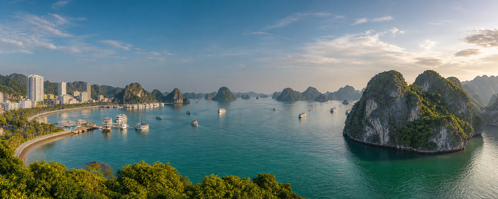 Ha Long Bay and the city coastline seen across calm water